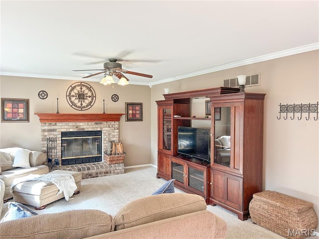 4 Green Circle Ct, Saint Peters, MO 63376 - living area with light colored carpet, ceiling fan, crown molding, and a brick fireplace