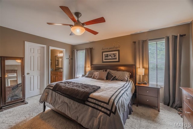 4 Green Circle Ct, Saint Peters, MO 63376 - bedroom with light colored carpet, ensuite bathroom, and ceiling fan