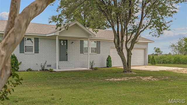 3120 State Highway F, Cardwell, MO 63829 - ranch-style house featuring an attached garage, concrete driveway, a front yard, brick siding, and a shingled roof