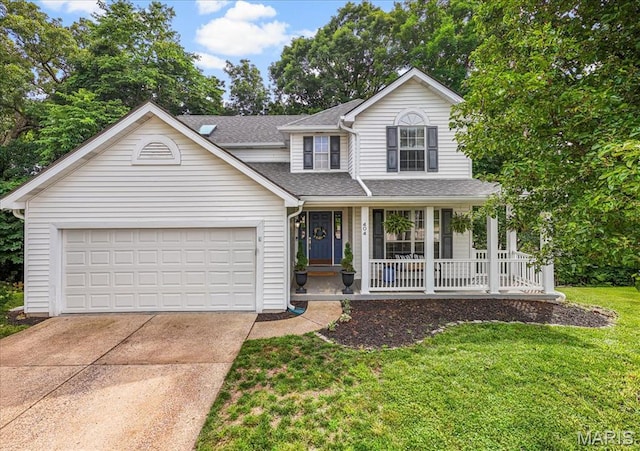 404 Arbor Spring Dr, Ballwin, MO 63021 - traditional-style house with covered porch, driveway, an attached garage, a front lawn, and roof with shingles