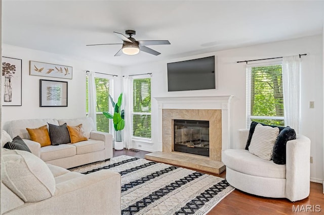 404 Arbor Spring Dr, Ballwin, MO 63021 - living area with dark wood-style floors, a ceiling fan, and a premium fireplace