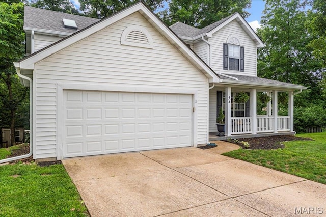 404 Arbor Spring Dr, Ballwin, MO 63021 - traditional-style home featuring a porch, driveway, a garage, roof with shingles, and a front lawn