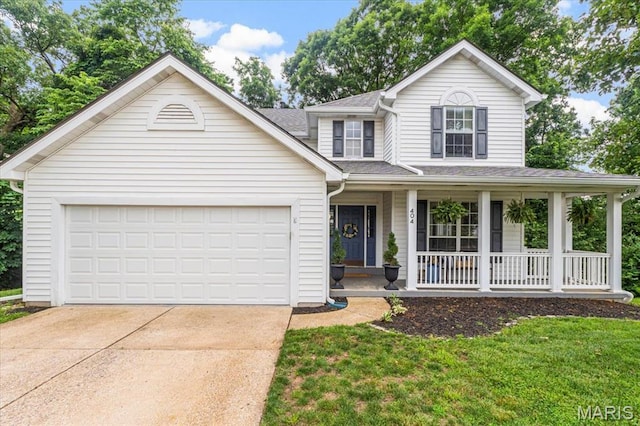 404 Arbor Spring Dr, Ballwin, MO 63021 - traditional-style house with covered porch, concrete driveway, an attached garage, roof with shingles, and a front yard