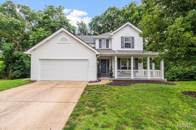 404 Arbor Spring Dr, Ballwin, MO 63021 - view of front of home with covered porch, driveway, a garage, a front lawn, and a shingled roof