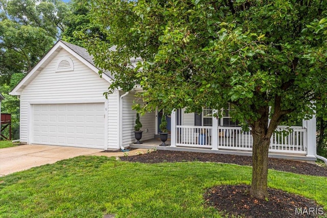 404 Arbor Spring Dr, Ballwin, MO 63021 - view of front facade with a garage, concrete driveway, a porch, and a front lawn