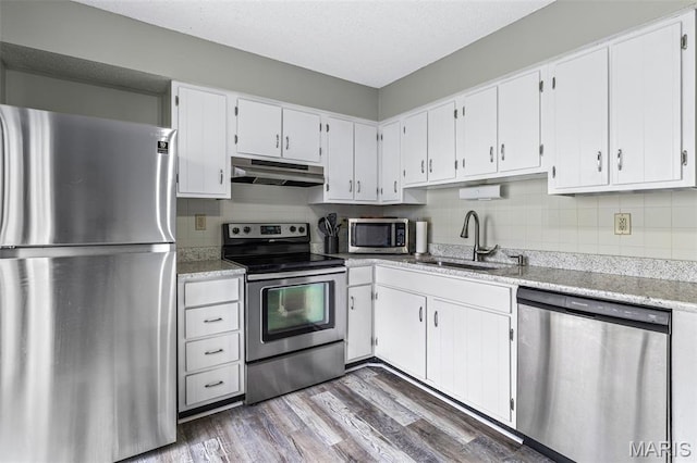 2318 Hidden Meadow Ln, Ballwin, MO 63021 - kitchen featuring appliances with stainless steel finishes, under cabinet range hood, wood finished floors, and decorative backsplash