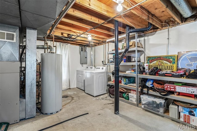 2318 Hidden Meadow Ln, Ballwin, MO 63021 - unfinished below grade area featuring electric panel, gas water heater, washer and clothes dryer, and heating unit