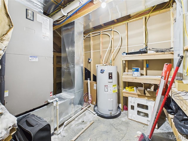 16107 Hummingbird Ln, Saint Robert, MO 65584 - utility room featuring electric water heater and heating unit