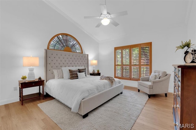 408 Bluff Meadow Dr, Ellisville, MO 63021 - bedroom featuring lofted ceiling, light wood-style flooring, crown molding, and a ceiling fan