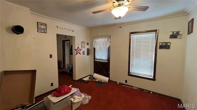 812 S Mine Ln, Motte, Fredericktown, MO 63645 - unfurnished room with ornamental molding, ceiling fan, and carpet