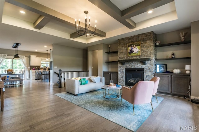 3841 Ember Ct, Edwardsville, IL 62025 - living room with a chandelier, wood finished floors, recessed lighting, a fireplace, and beamed ceiling