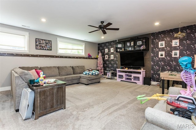 3841 Ember Ct, Edwardsville, IL 62025 - living area featuring carpet, a ceiling fan, wallpapered walls, and recessed lighting