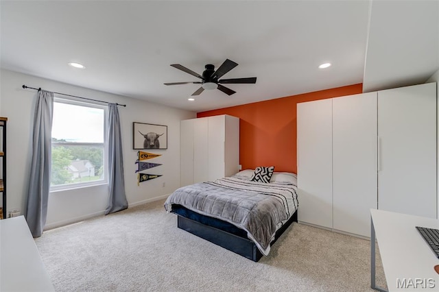 606 Wyndview Dr, Lake St Louis, MO 63367 - bedroom featuring light colored carpet, recessed lighting, and a ceiling fan