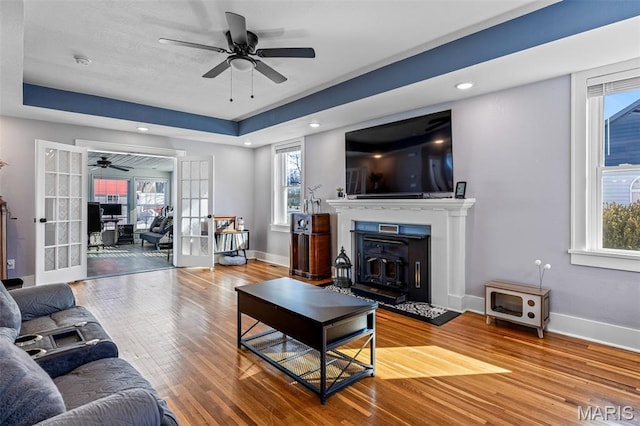402 S Walker St, Montgomery City, MO 63361 - living area with a ceiling fan, wood finished floors, and a tray ceiling