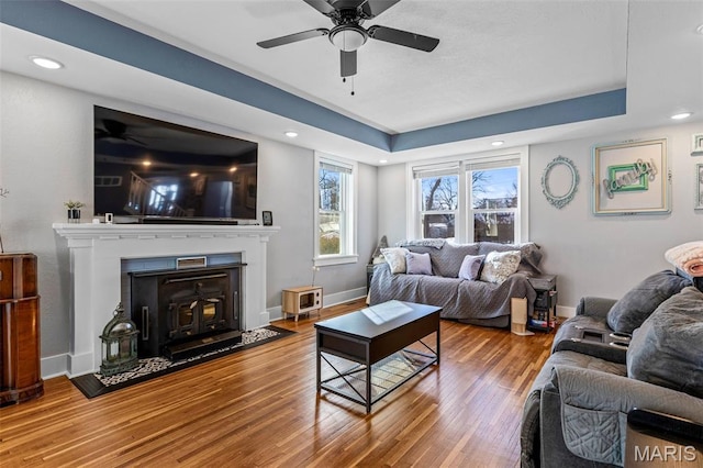 402 S Walker St, Montgomery City, MO 63361 - living area featuring a ceiling fan, wood finished floors, and recessed lighting