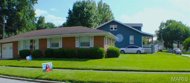 3710 Summit Ave, Belleville, IL 62226 - view of front facade featuring a front yard, a garage, a chimney, and brick siding