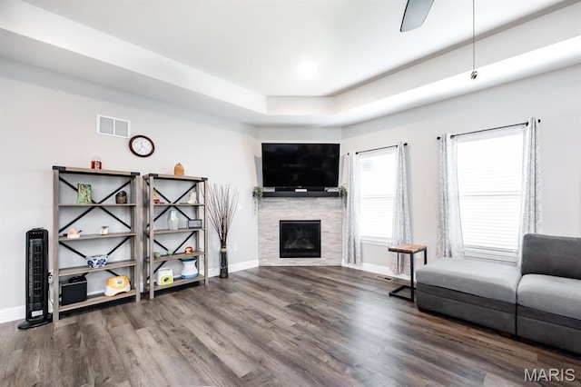 812 Green Jacket Way, Ofallon, IL 62269 - living area featuring wood finished floors, a fireplace, a raised ceiling, and ceiling fan