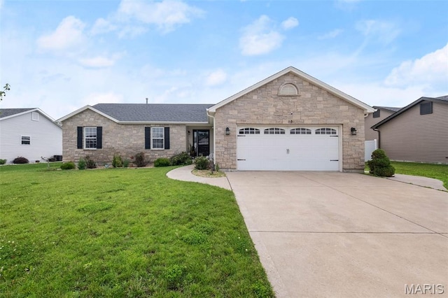 80 Brookshire Creek Dr, Wentzville, MO 63385 - ranch-style home featuring concrete driveway, a garage, stone siding, and a front lawn