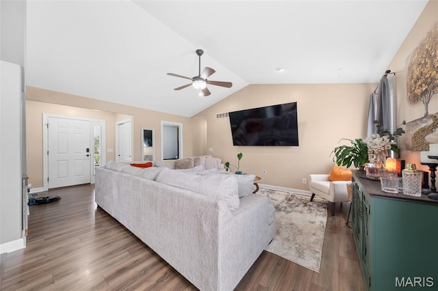 80 Brookshire Creek Dr, Wentzville, MO 63385 - living area featuring a ceiling fan, wood finished floors, and vaulted ceiling