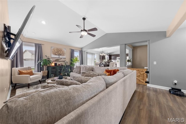 80 Brookshire Creek Dr, Wentzville, MO 63385 - living area with ceiling fan, dark wood-style floors, lofted ceiling, and a chandelier