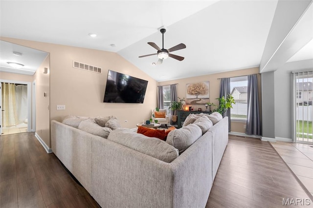 80 Brookshire Creek Dr, Wentzville, MO 63385 - living area with wood finished floors, ceiling fan, and vaulted ceiling