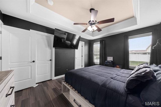 80 Brookshire Creek Dr, Wentzville, MO 63385 - bedroom featuring a raised ceiling, dark wood finished floors, and ceiling fan