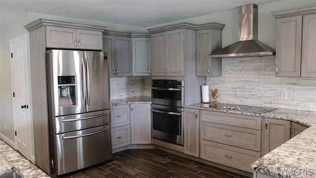 3215 Timber Ridge Rd, Palmyra, MO 63461 - kitchen featuring stainless steel appliances, wall chimney range hood, gray cabinets, dark wood finished floors, and light stone counters