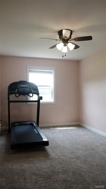 3215 Timber Ridge Rd, Palmyra, MO 63461 - exercise area with carpet floors and ceiling fan