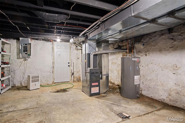 3452 Osage St, Saint Louis, MO 63118 - unfinished basement featuring water heater, electric panel, and heating unit