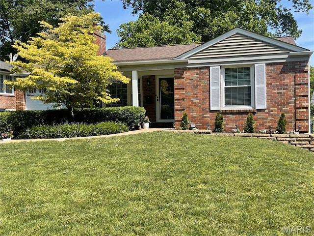 1029 Glenbrook Ave, Saint Louis, MO 63122 - ranch-style home with a front yard, a chimney, and brick siding
