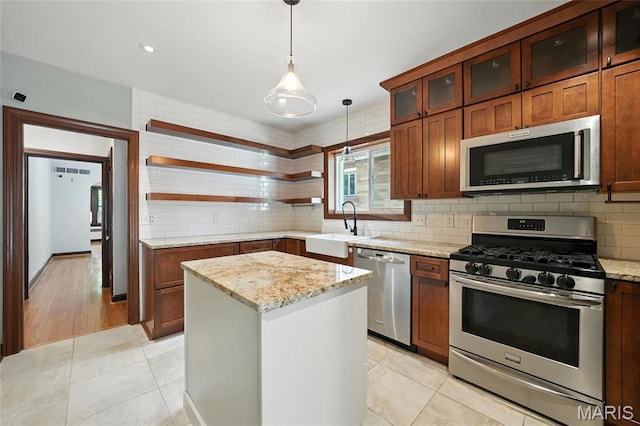 5743 Delor St, Saint Louis, MO 63109 - kitchen with appliances with stainless steel finishes, open shelves, decorative backsplash, decorative light fixtures, and recessed lighting