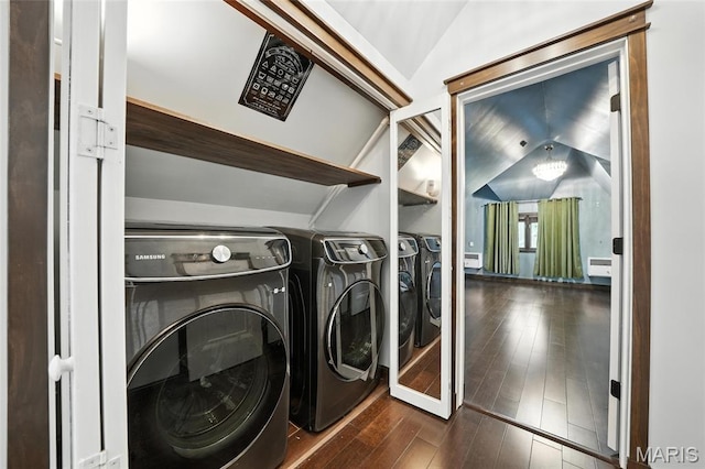 5743 Delor St, Saint Louis, MO 63109 - laundry area with washing machine and clothes dryer and dark wood-type flooring