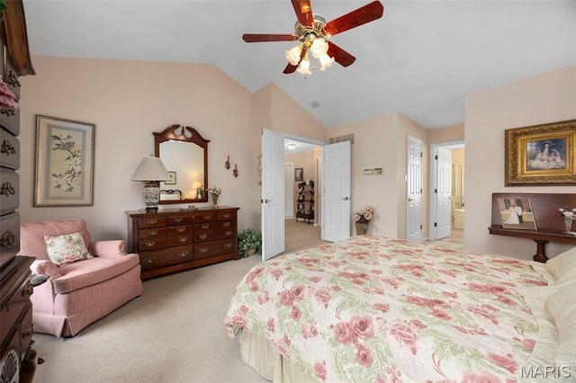 16368 Cherry Orchard Dr, Grover, MO 63040 - bedroom with light colored carpet, lofted ceiling, ensuite bath, and ceiling fan