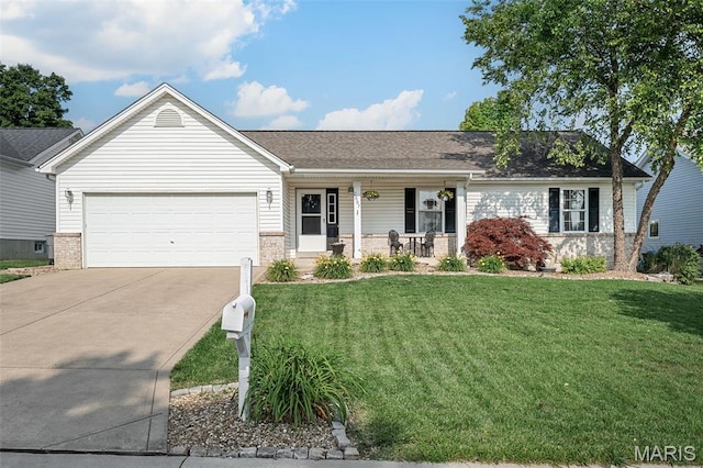2607 Riley Paul Ct, Ofallon, MO 63368 - ranch-style house featuring covered porch, driveway, brick siding, and an attached garage