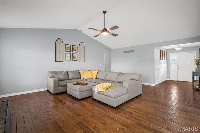 2607 Riley Paul Ct, Ofallon, MO 63368 - living room featuring wood-type flooring, lofted ceiling, and a ceiling fan