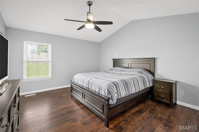 2607 Riley Paul Ct, Ofallon, MO 63368 - bedroom featuring dark wood-style flooring, vaulted ceiling, and a ceiling fan
