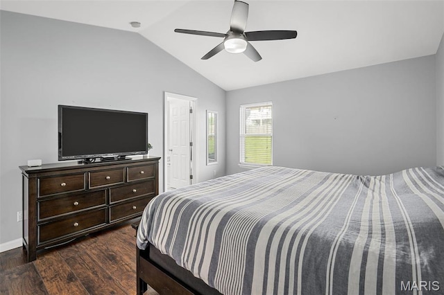 2607 Riley Paul Ct, Ofallon, MO 63368 - bedroom with dark wood-style flooring, vaulted ceiling, and a ceiling fan