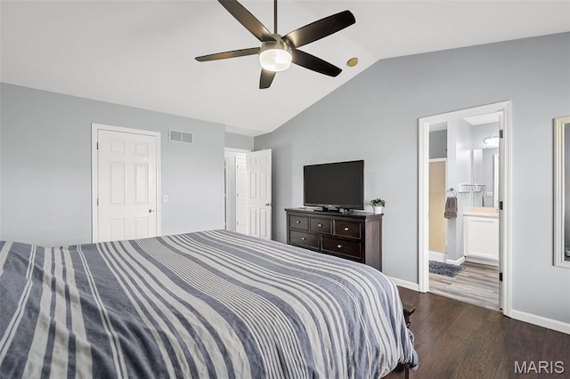 2607 Riley Paul Ct, Ofallon, MO 63368 - bedroom featuring dark wood-style floors, lofted ceiling, ceiling fan, and ensuite bathroom