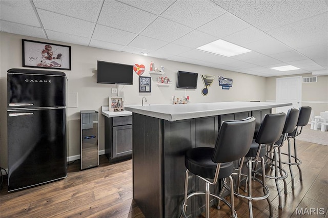 2607 Riley Paul Ct, Ofallon, MO 63368 - indoor wet bar with freestanding refrigerator, wood finished floors, and a paneled ceiling