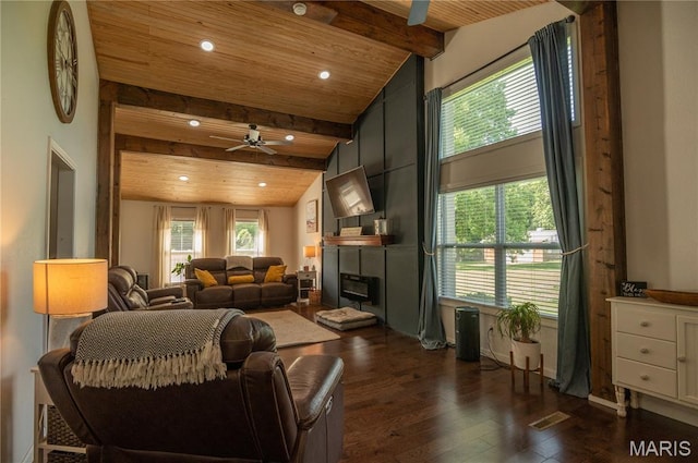 16533 Chateau Ln, Dexter, MO 63841 - living area featuring wood ceiling, a ceiling fan, dark wood finished floors, a tiled fireplace, and recessed lighting