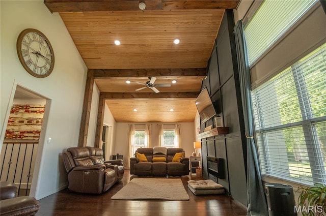 16533 Chateau Ln, Dexter, MO 63841 - living area featuring wooden ceiling, vaulted ceiling, a fireplace, dark wood finished floors, and a ceiling fan