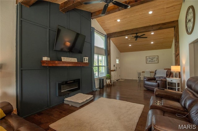16533 Chateau Ln, Dexter, MO 63841 - living area with a ceiling fan, dark wood-style floors, a fireplace, recessed lighting, and high vaulted ceiling