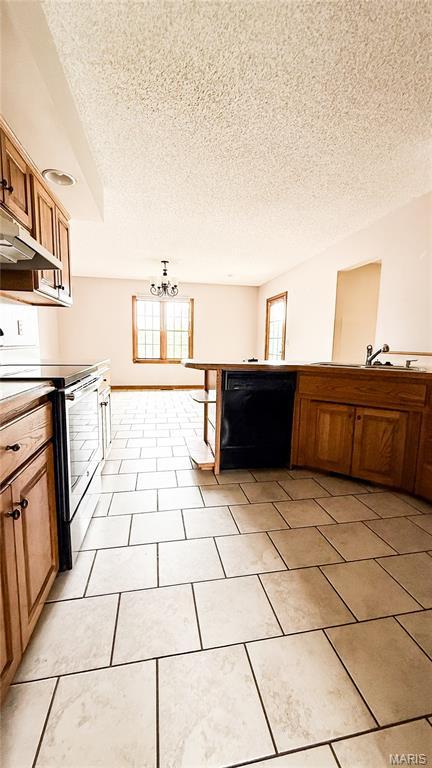 200 April Dr, Saint Robert, MO 65584 - kitchen with dishwasher, electric stove, range hood, healthy amount of natural light, and a textured ceiling