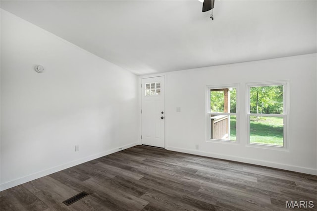 16 Garrett Ln, Defiance, MO 63341 - entryway with dark wood-style floors, ceiling fan, and lofted ceiling