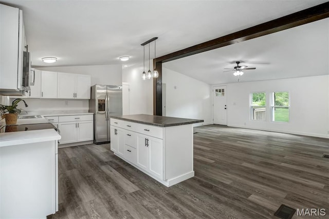 16 Garrett Ln, Defiance, MO 63341 - kitchen featuring stainless steel fridge, a ceiling fan, open floor plan, dark wood-style flooring, and a center island