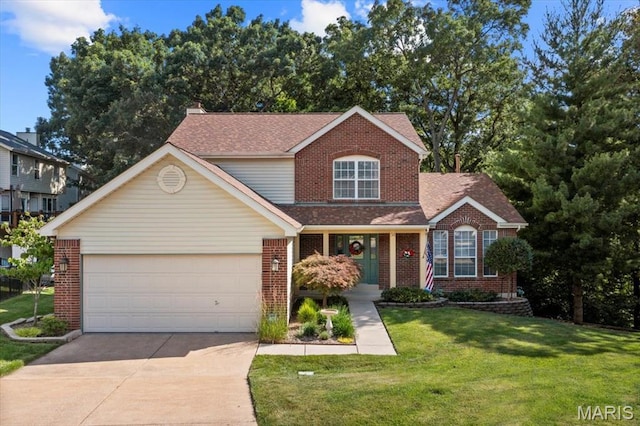 14 Greystoke Ct, Ballwin, MO 63021 - traditional-style home featuring brick siding, concrete driveway, a garage, a front lawn, and a shingled roof