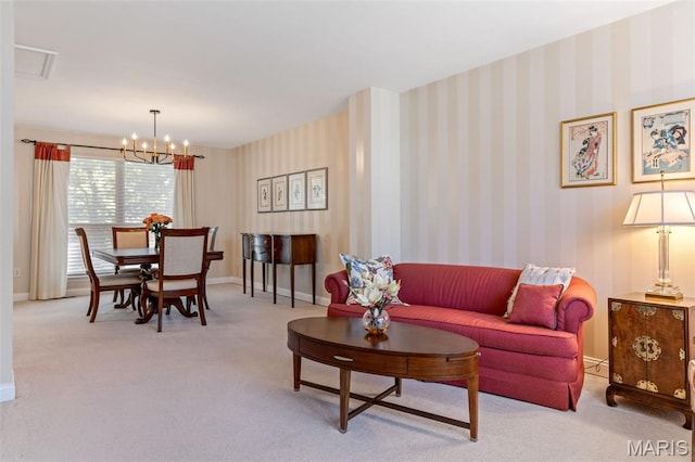 14 Greystoke Ct, Ballwin, MO 63021 - carpeted living room with a chandelier and baseboards