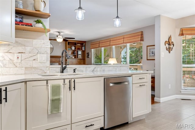 14 Greystoke Ct, Ballwin, MO 63021 - kitchen with dishwasher, white cabinets, ceiling fan, and light stone countertops