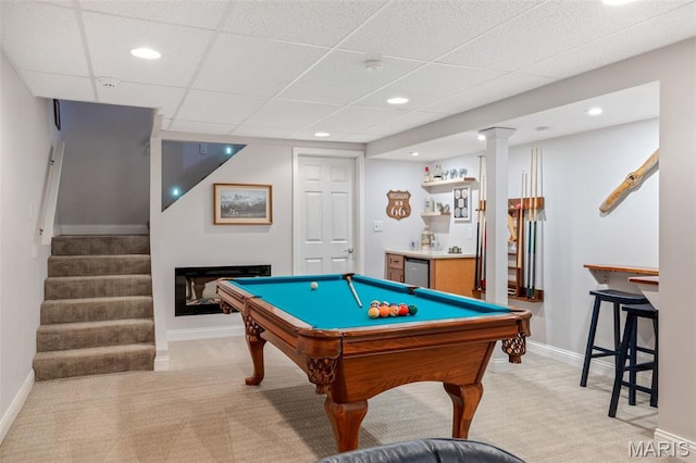 14 Greystoke Ct, Ballwin, MO 63021 - game room with light carpet, pool table, recessed lighting, bar area, and a drop ceiling