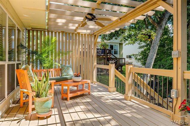14 Greystoke Ct, Ballwin, MO 63021 - wooden deck featuring ceiling fan and a pergola